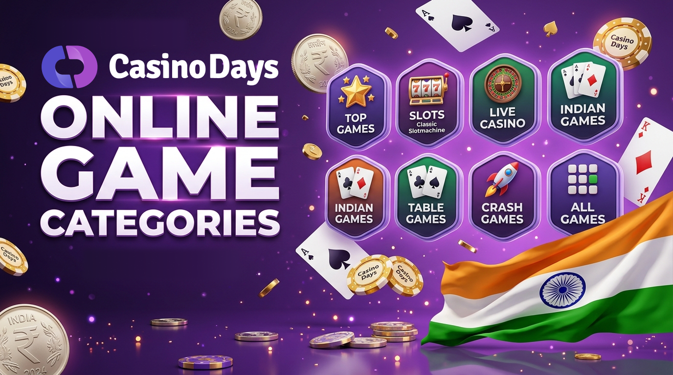 Categories of online casino games in India including slots, live casino, poker and roulette